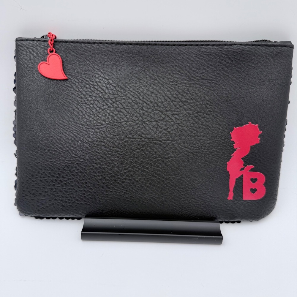 Betty Boop x Ipsy Makeup Bag Black Sequin Zip Pouch Red Lining
